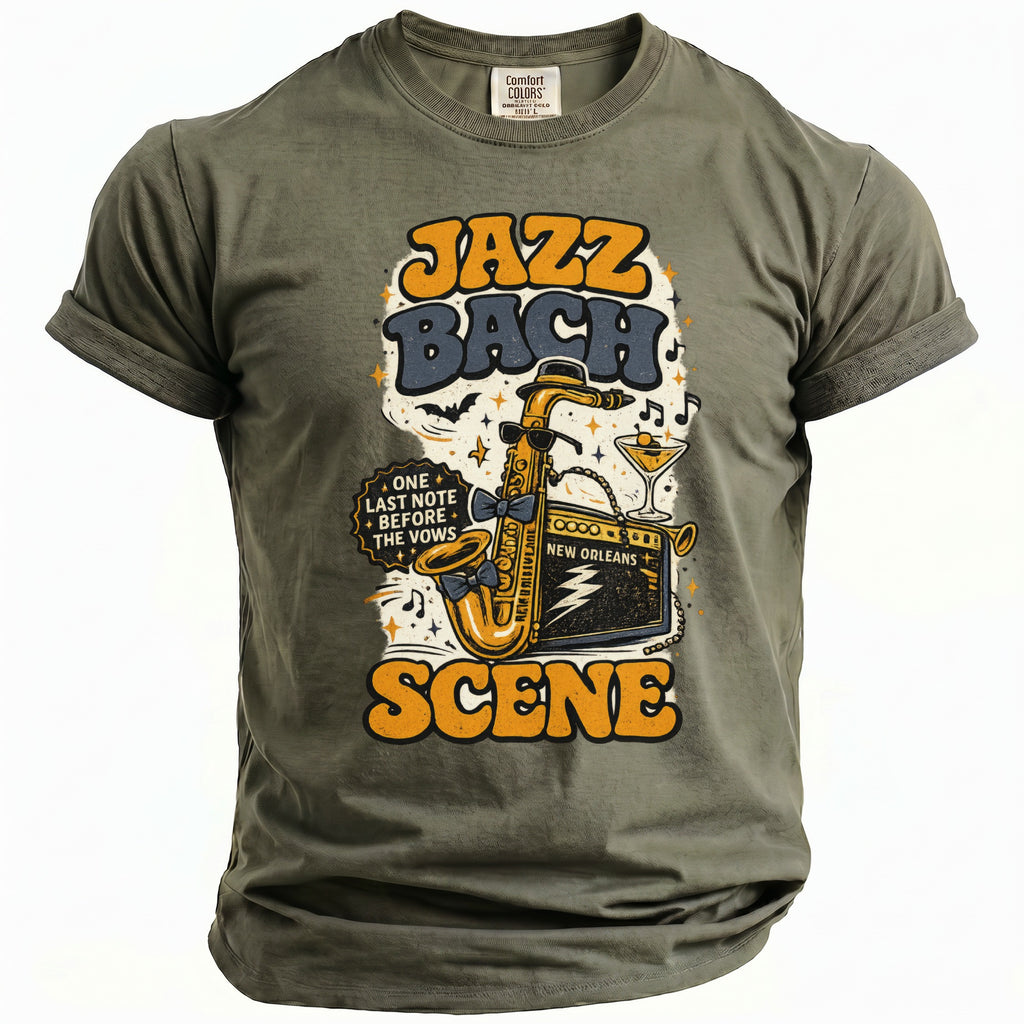 Olive green t-shirt with "Jazz Bach Scene" graphic featuring a saxophone, amplifier, and cocktail.