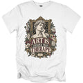 White t-shirt with "Art Is Cheaper Than Therapy" text and classical bust artwork.