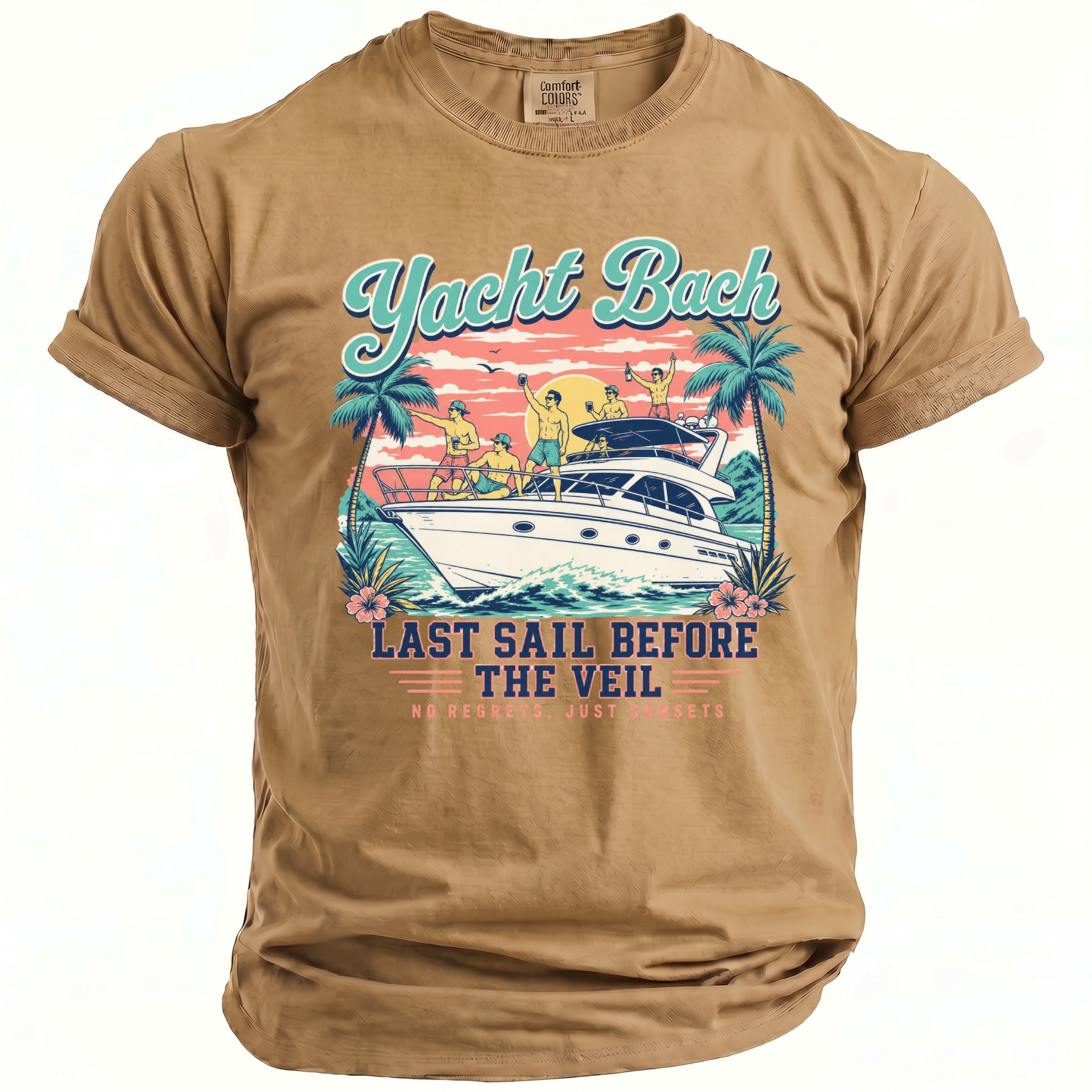 A light brown t-shirt featuring a colorful graphic of men on a yacht with sunset scenery and text.