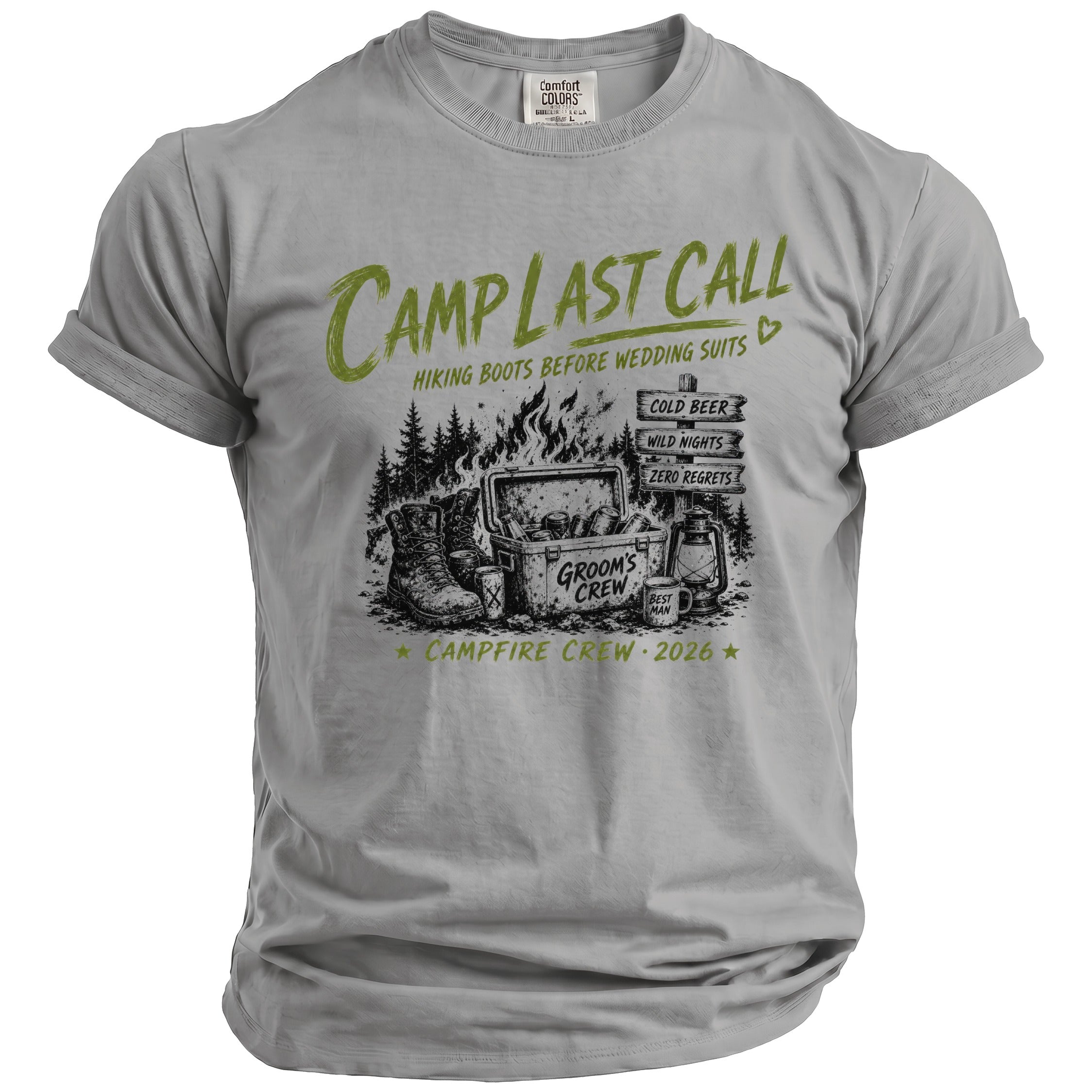 Gray t-shirt with "Camp Last Call" graphic featuring camping gear and text.