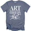 T-shirt with "ART IS MY KIND OF THERAPY" text and art supplies graphic.