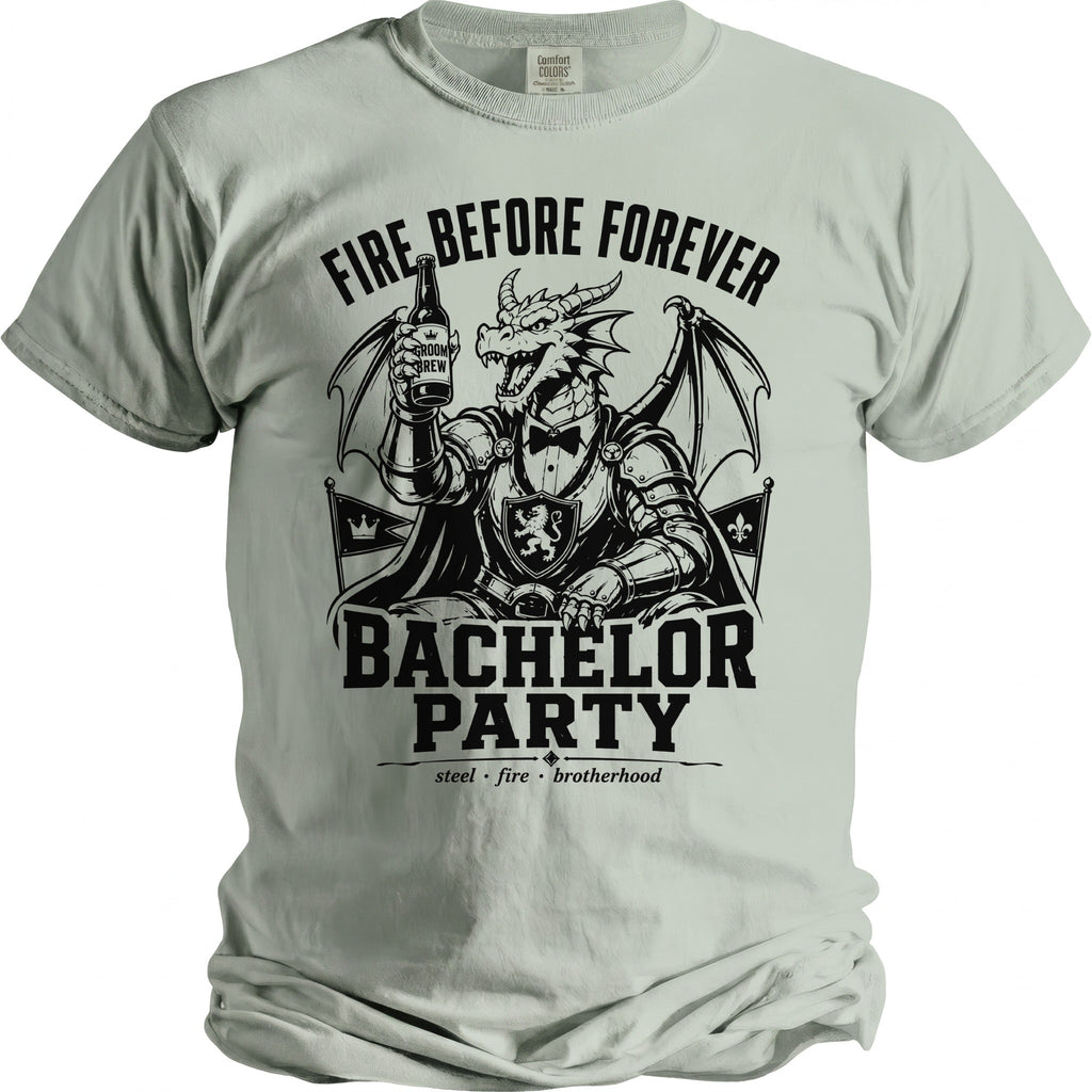 T-shirt with black dragon graphic and text "Fire Before Forever Bachelor Party."