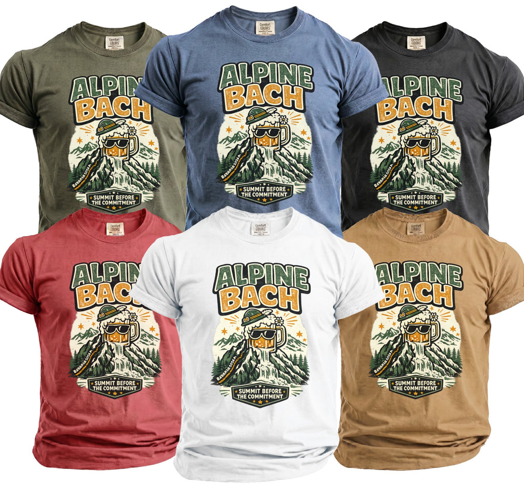 Six t-shirts in different colors featuring "Alpine Bach" text and mountain graphic.