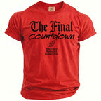 Red t-shirt with black text "The Final Countdown" and rocket emblem for Mike's Bach.