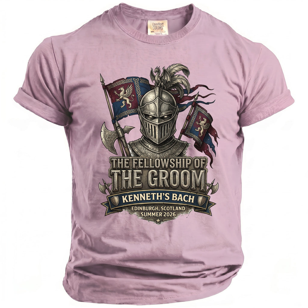 Pink t-shirt with knight graphic, "The Fellowship of the Groom, Kenneth's Bach, Edinburgh, Scotland Summer 2026".