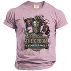 Pink t-shirt with knight graphic, "The Fellowship of the Groom, Kenneth's Bach, Edinburgh, Scotland Summer 2026".