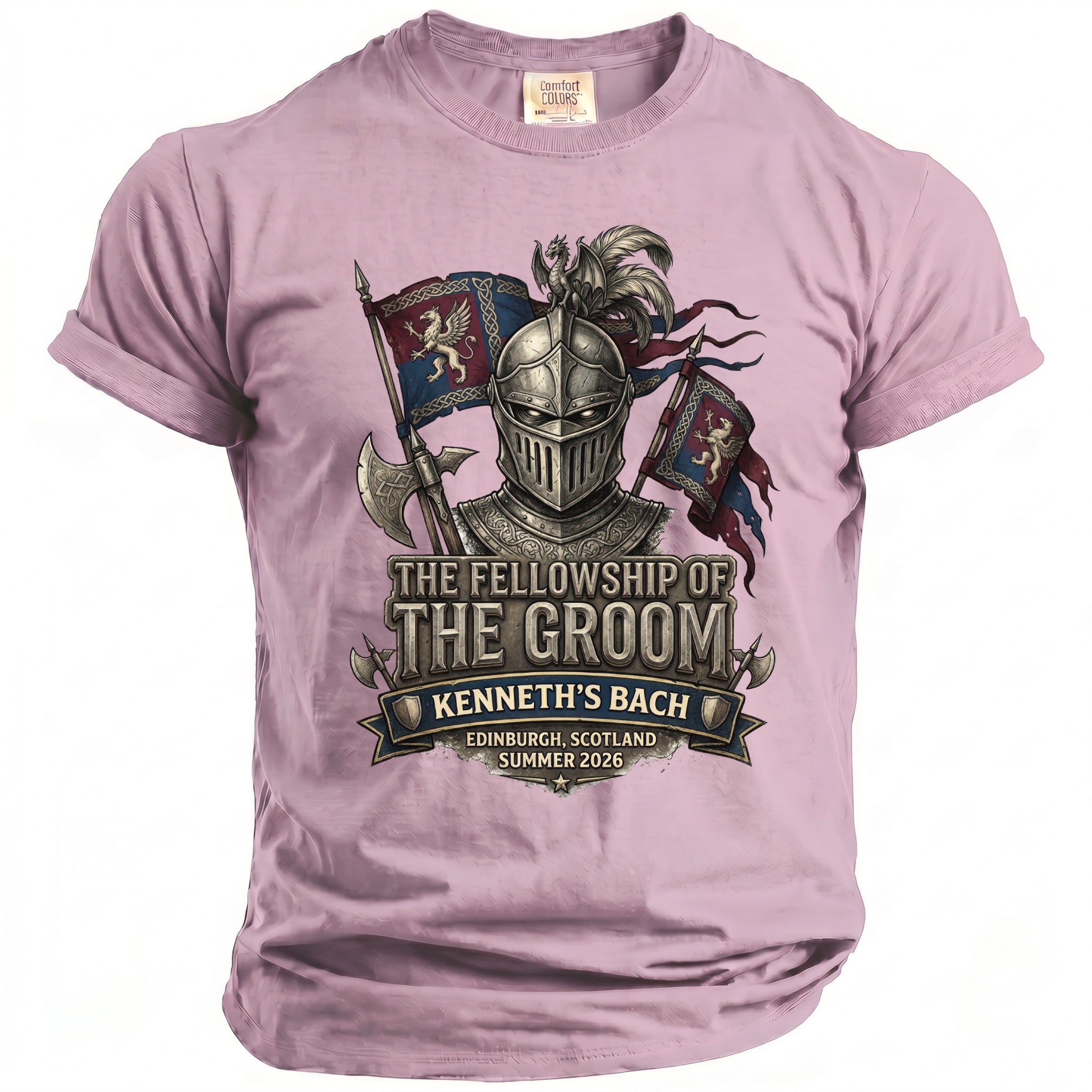 Pink t-shirt with knight graphic, "The Fellowship of the Groom, Kenneth's Bach, Edinburgh, Scotland Summer 2026".