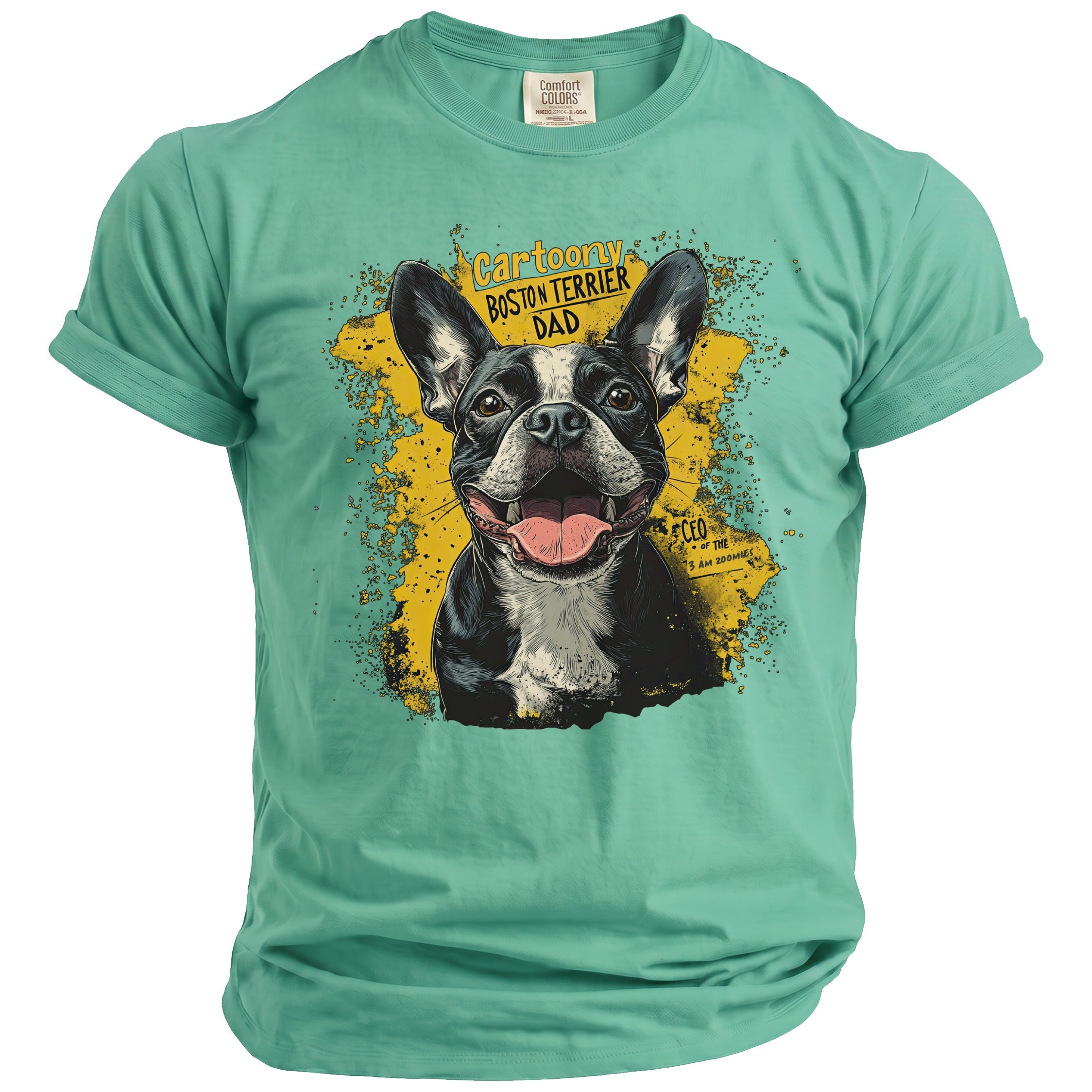 Teal t-shirt with a cartoon Boston Terrier and text "Cartoony Boston Terrier Dad CEO".