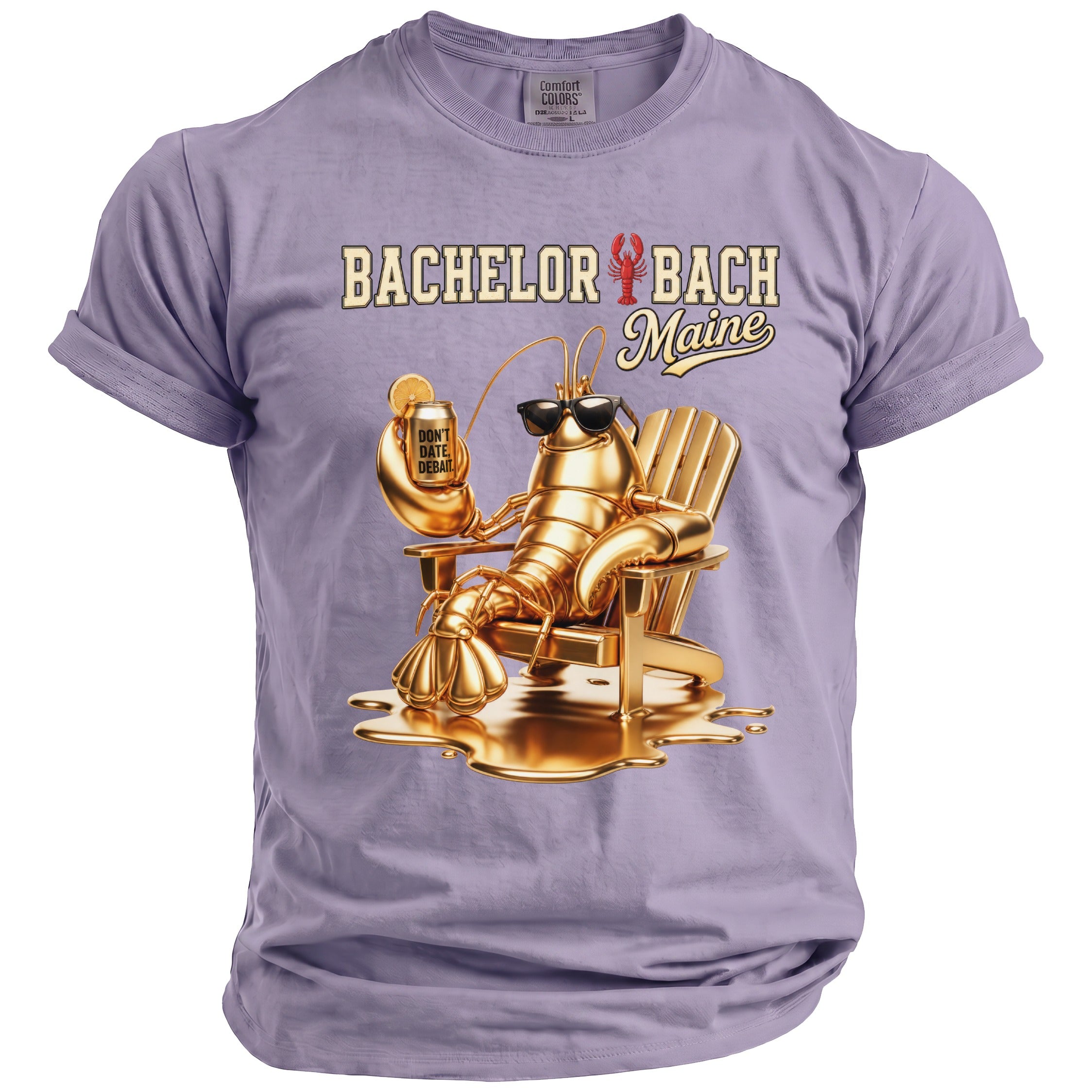 Gold lobster in Adirondack chair holding can that says "Don't Date, Debate."
