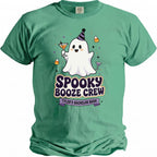 Green t-shirt with a cartoon ghost holding a cocktail and the text "Spooky Booze Crew Tyler's Bachelor Bash".