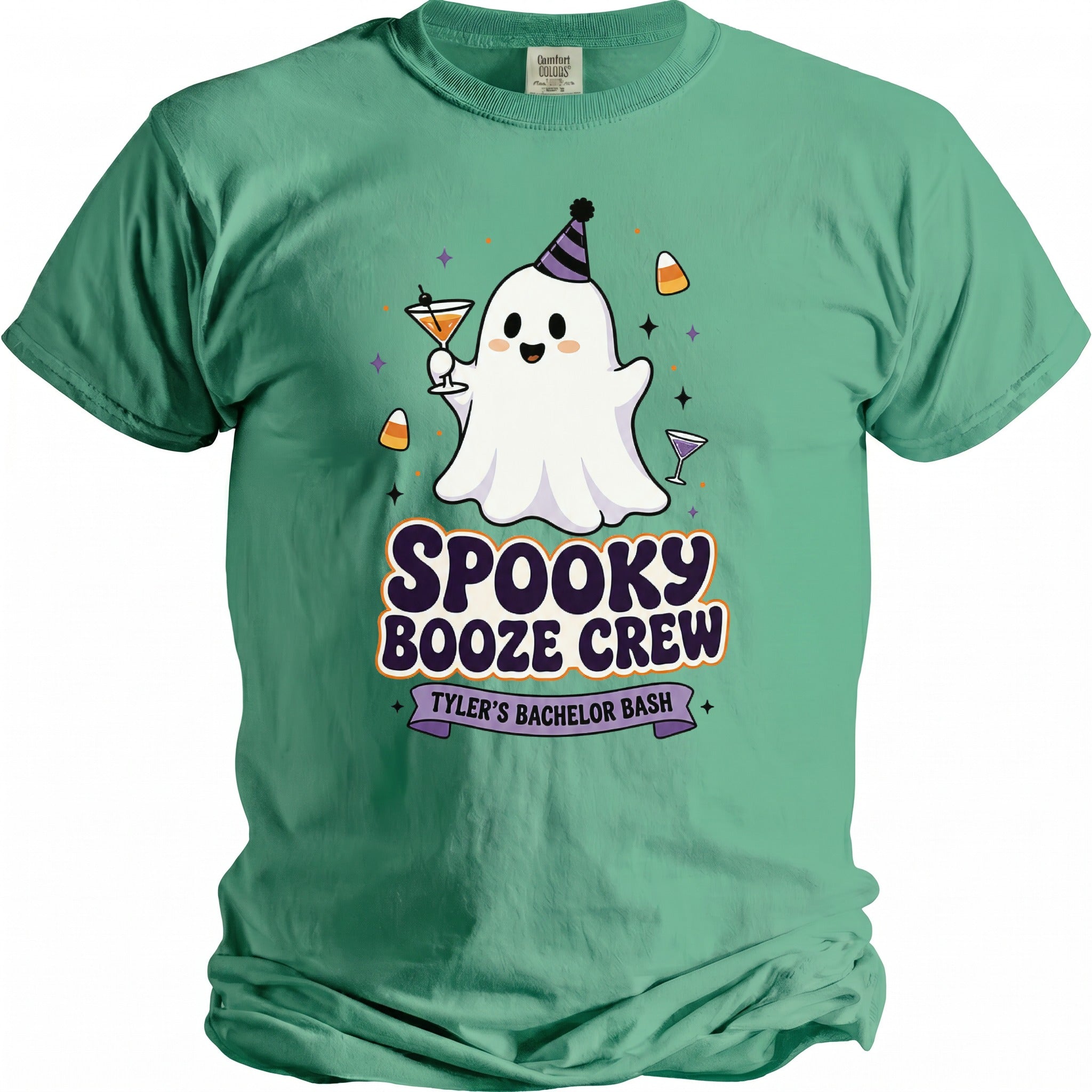 Green t-shirt with a cartoon ghost holding a cocktail and the text "Spooky Booze Crew Tyler's Bachelor Bash".