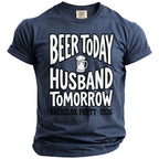 Navy Comfort Colors t-shirt with "Beer Today Husband Tomorrow Bachelor Party 2026" text.