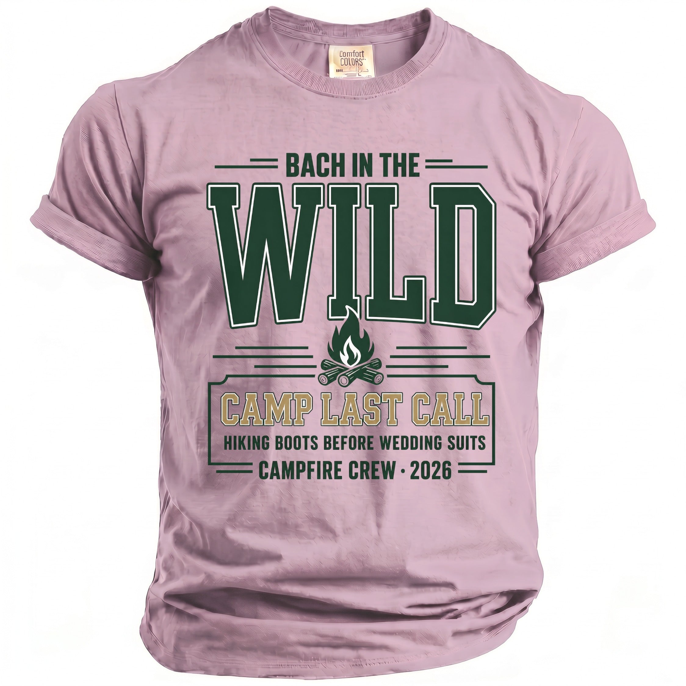 Pink t-shirt with "Bach in the Wild, Camp Last Call" graphic.