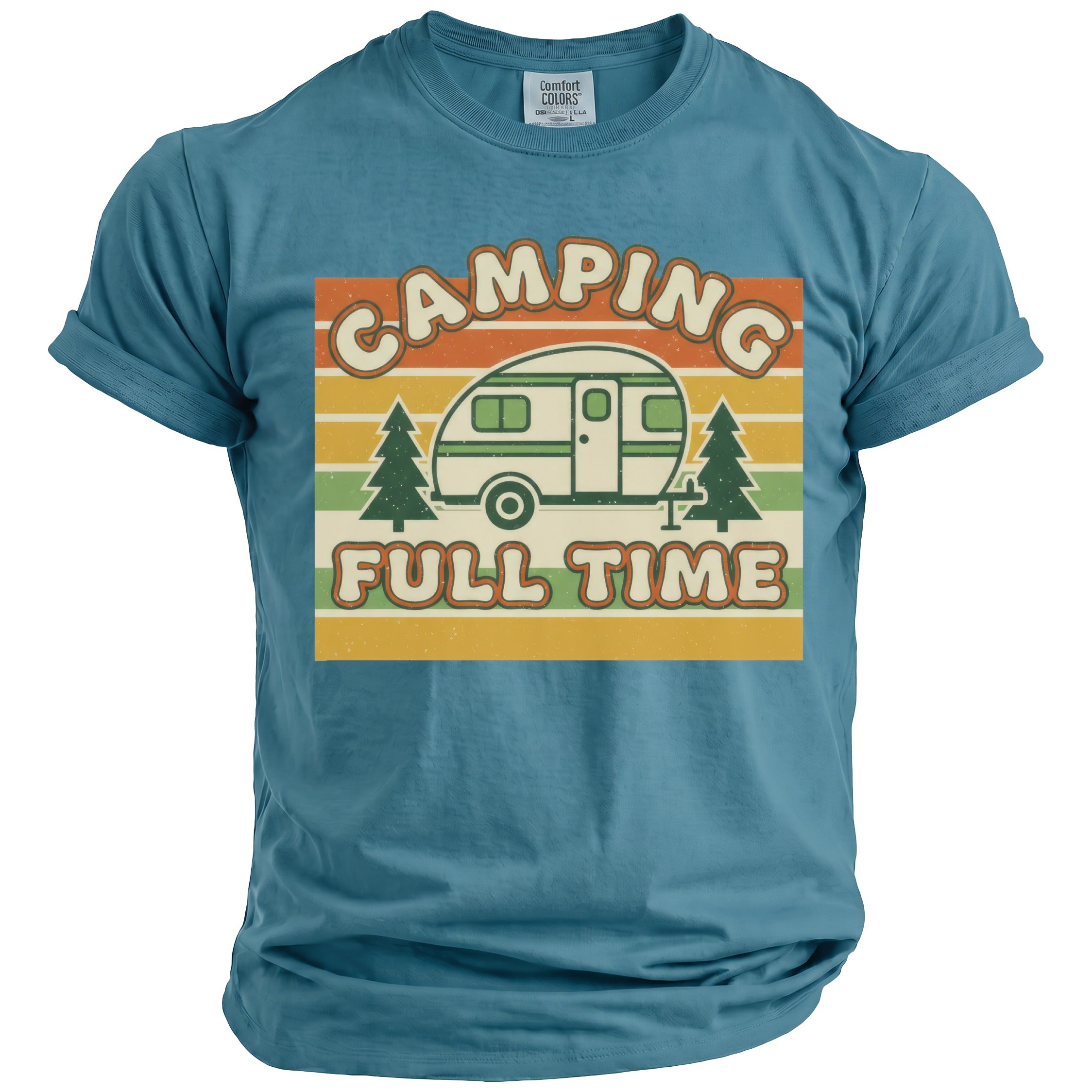 Teal t-shirt with "Camping Full Time" text and camper graphic.