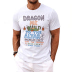 White t-shirt with "Dragon Me To The Altar" bachelor party text and graphics.