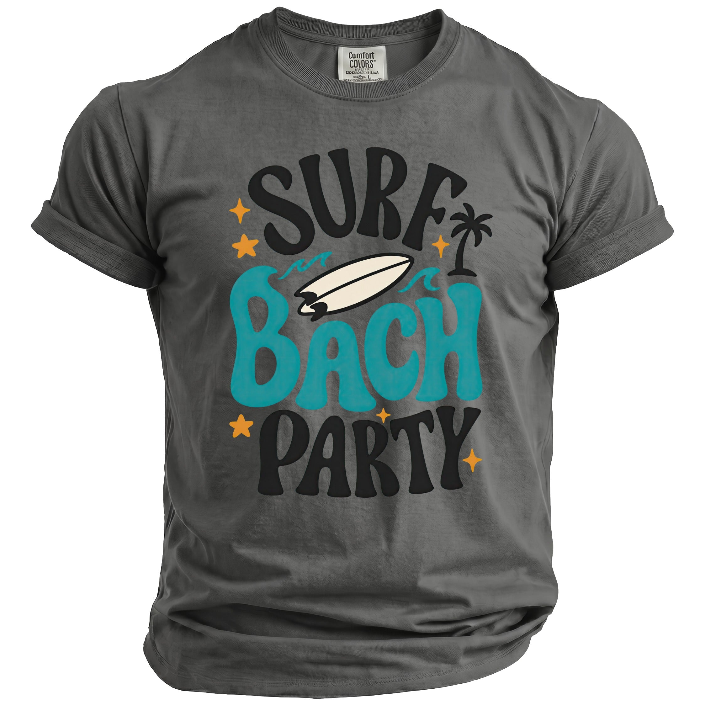 Grey t-shirt with "Surf Bach Party" graphic, surfboard, palm tree, and stars.