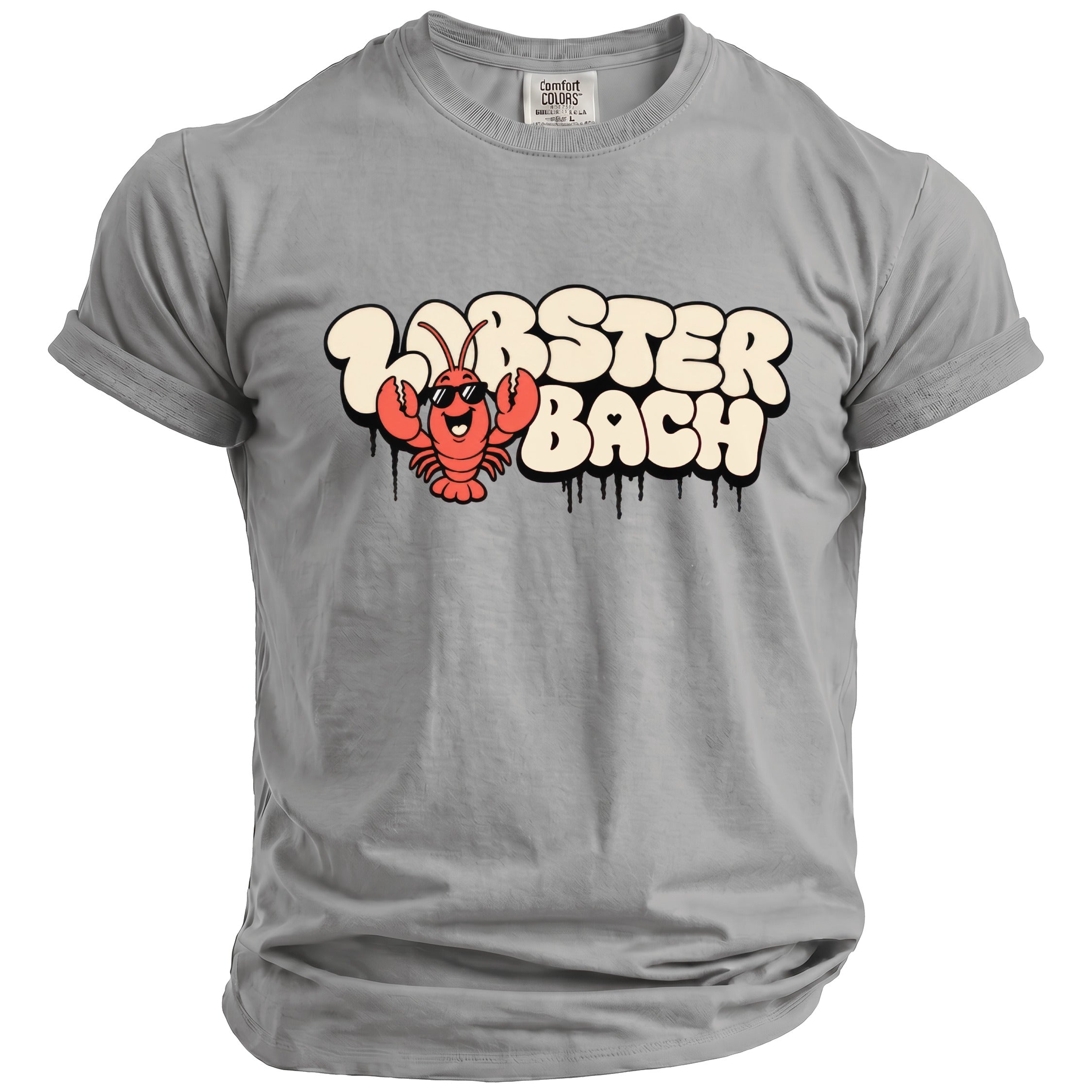 Gray t-shirt with cartoon lobster and text that reads "Lobster Bach."