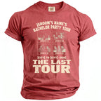 Red t-shirt with "Groom's Name's Bachelor Party Tour" text and four photos.