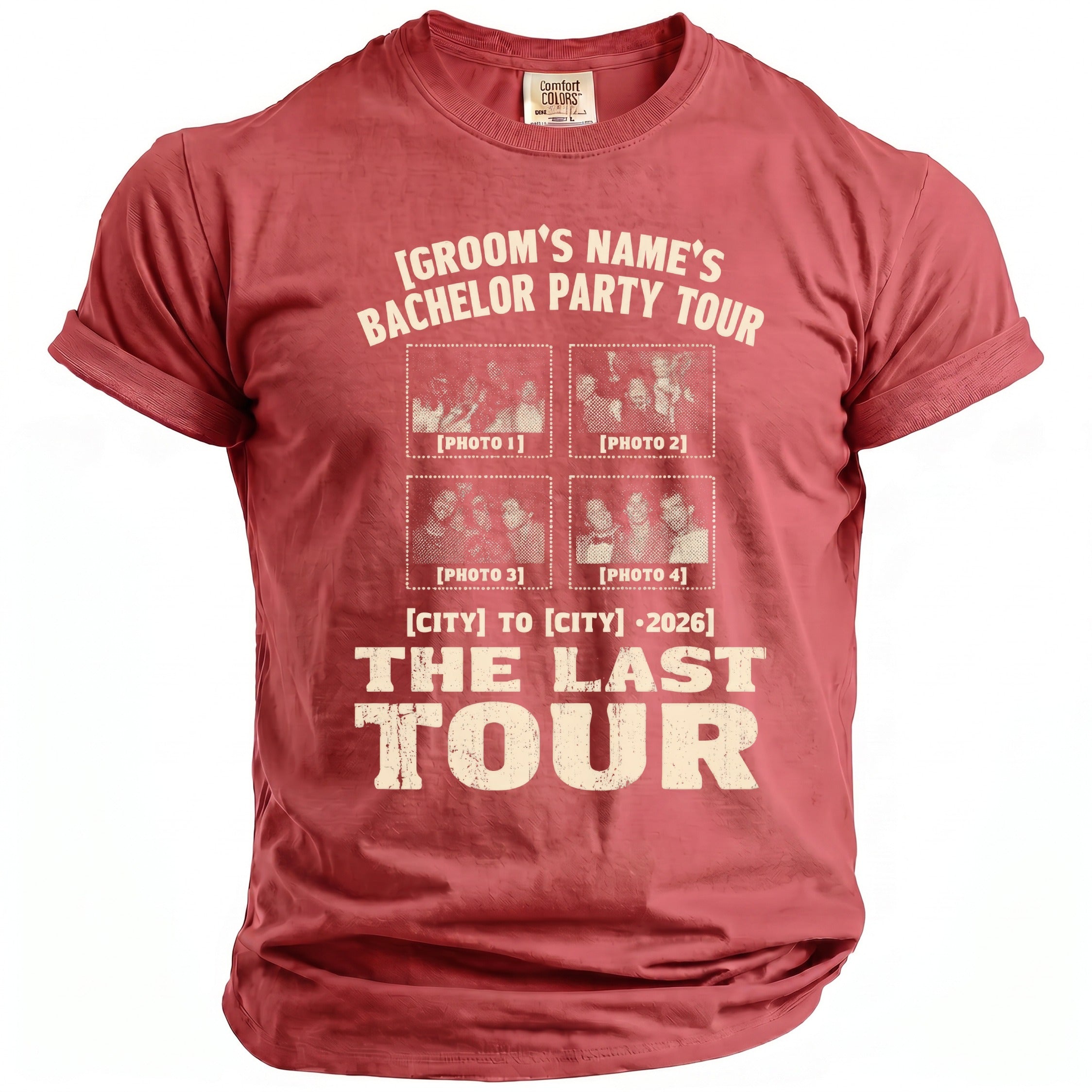 Red t-shirt with "Groom's Name's Bachelor Party Tour" text and four photos.