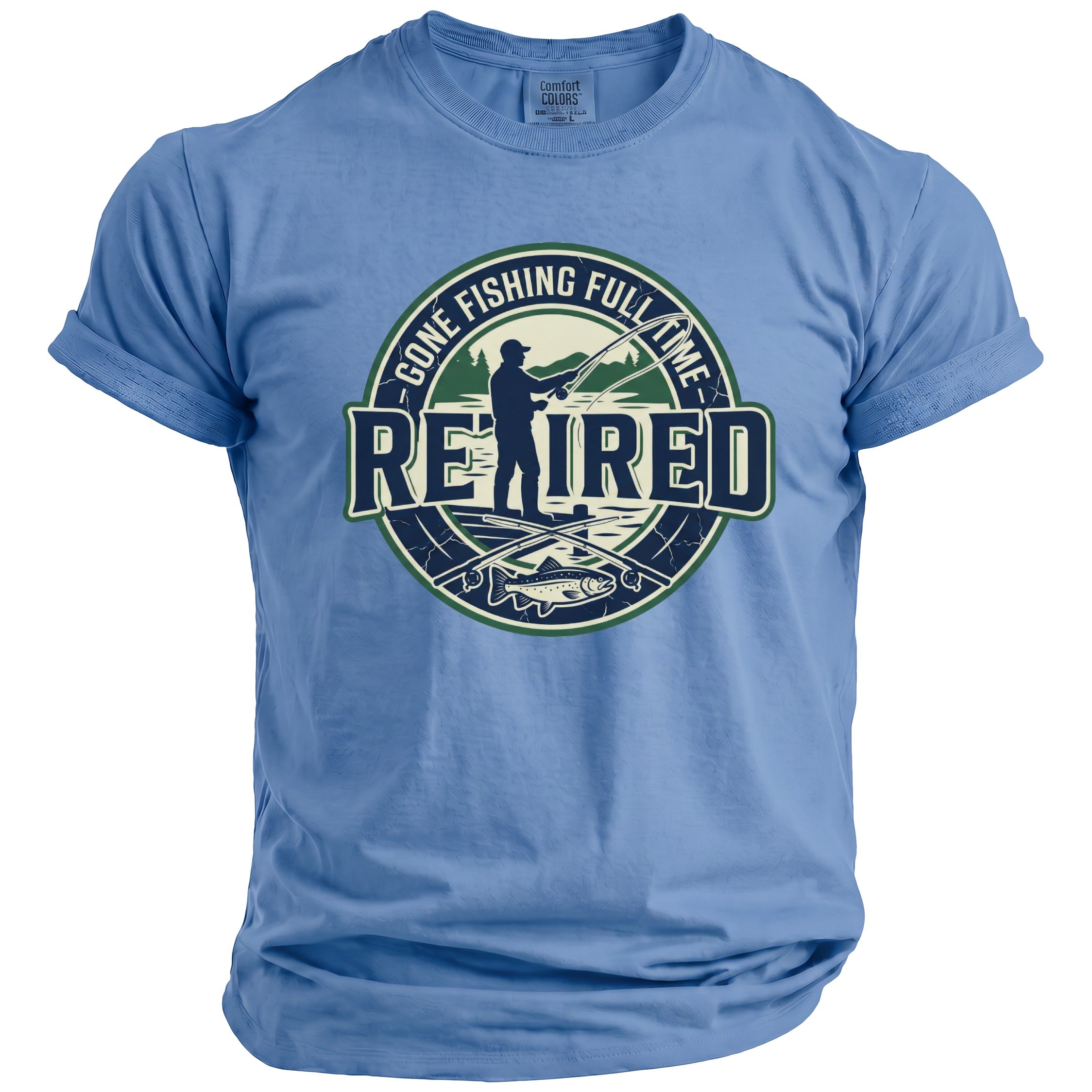 Blue t-shirt with "Retired Gone Fishing Full Time" graphic.