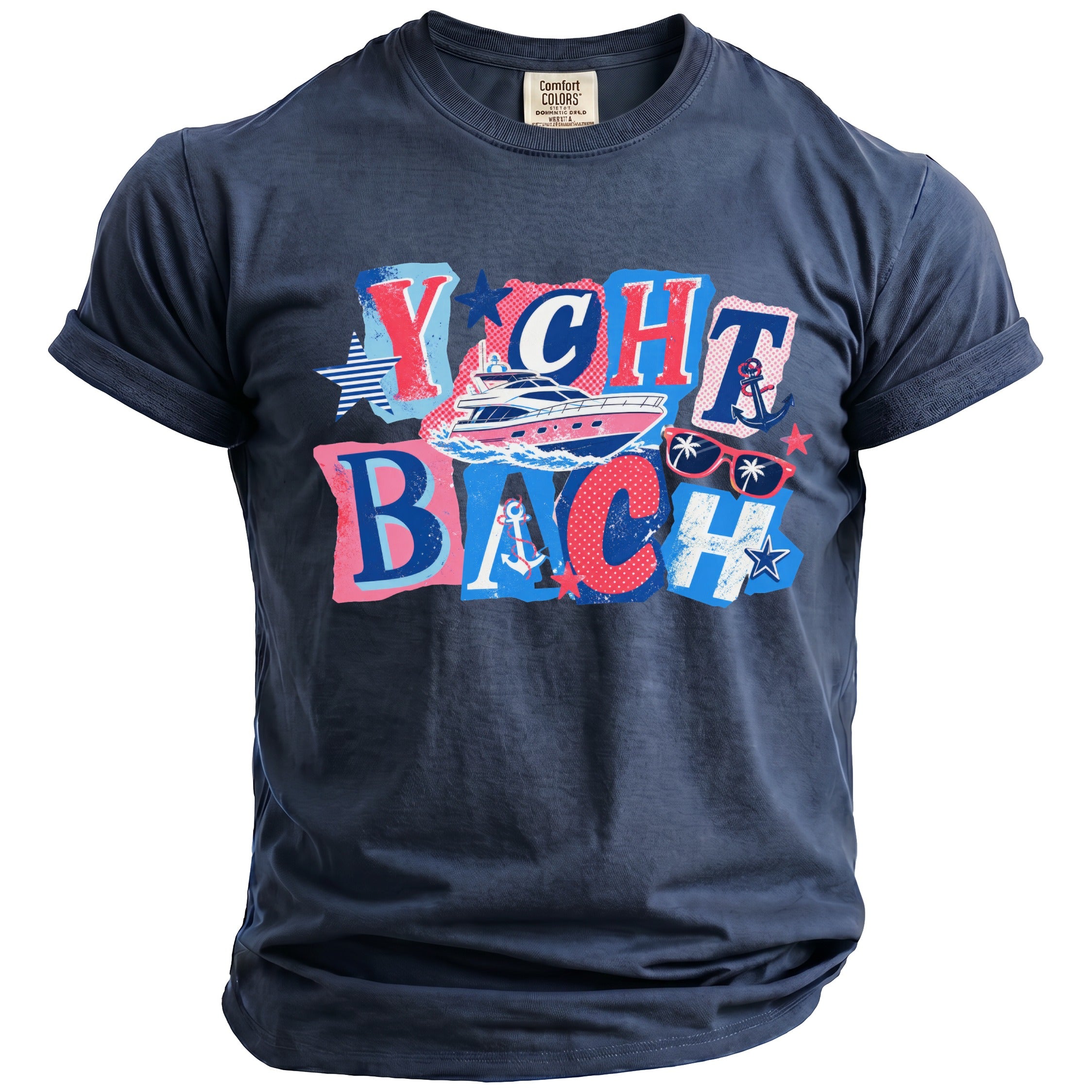 A navy blue t-shirt with a colorful graphic of a yacht and nautical motifs on the chest.
