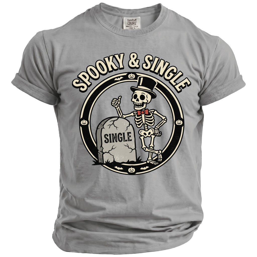 Gray t-shirt with spooky skeleton and "Single" tombstone graphic.