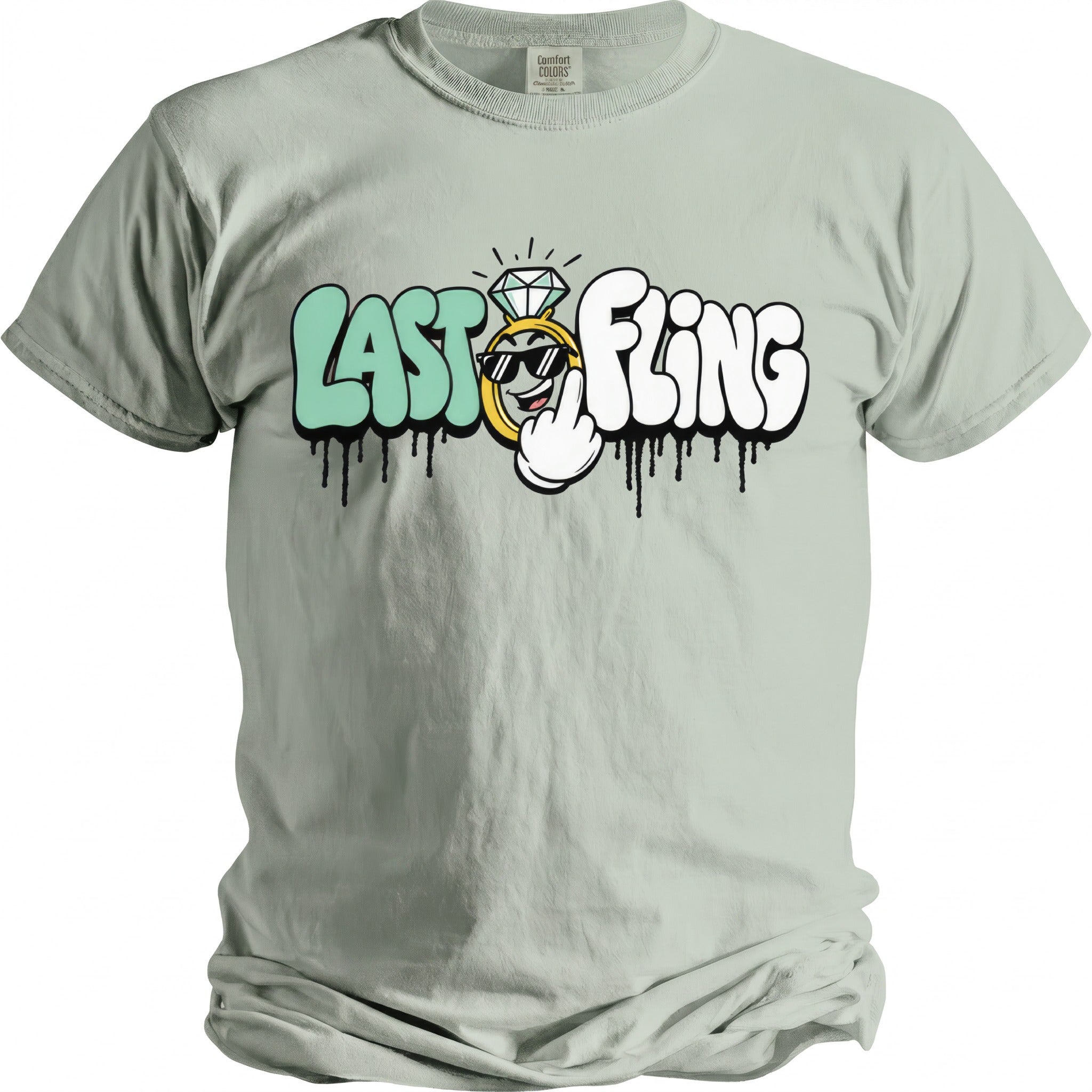 Light green t-shirt with "LAST FLING" text and a cartoon engagement ring.