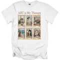 White t-shirt with "ART is My Therapy" text and six postage stamps featuring cats.