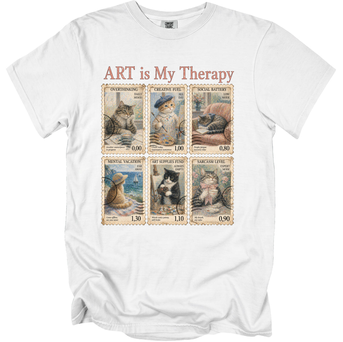 White t-shirt with "ART is My Therapy" text and six postage stamps featuring cats.