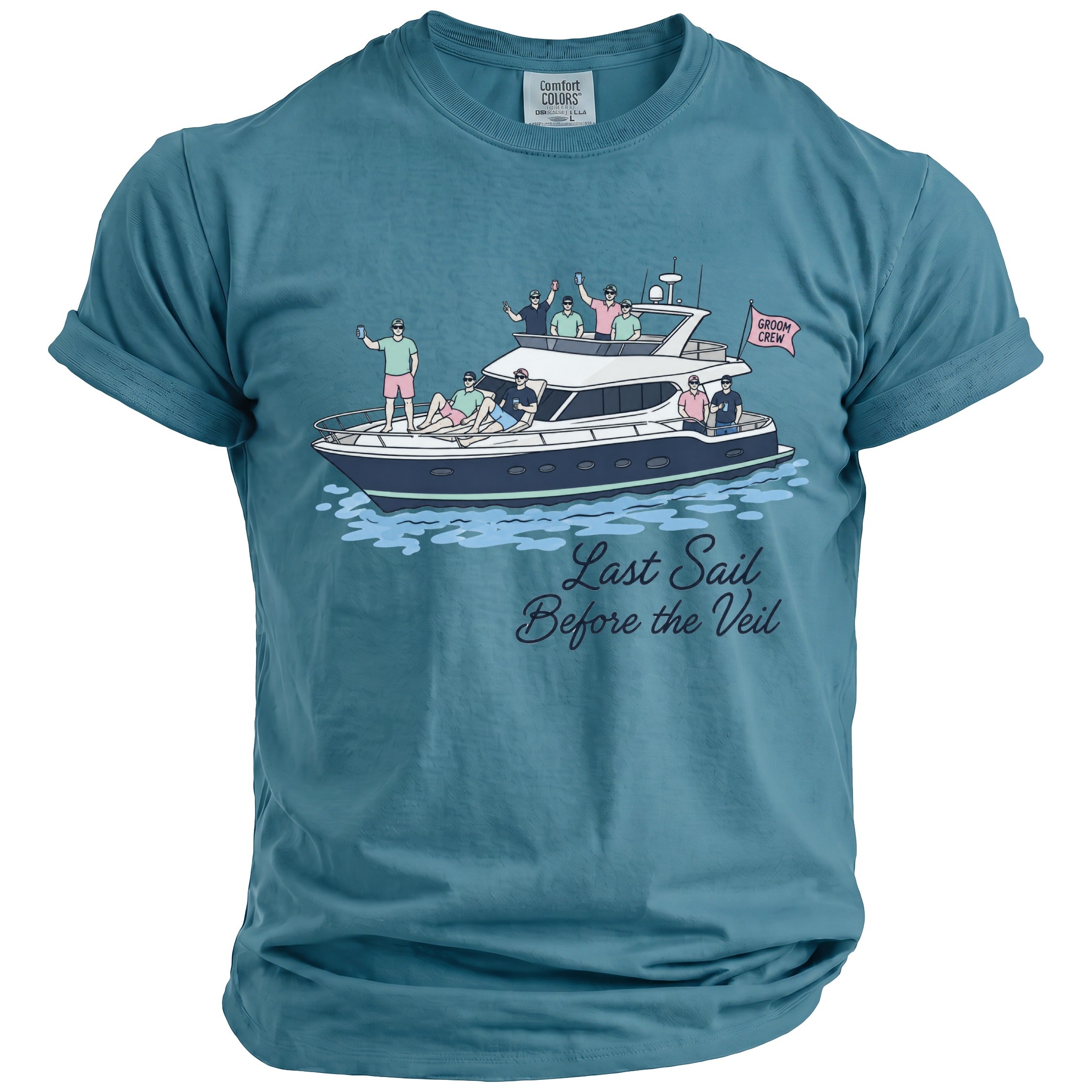 T-shirt with illustration of men on a boat and text "Last Sail Before the Veil".