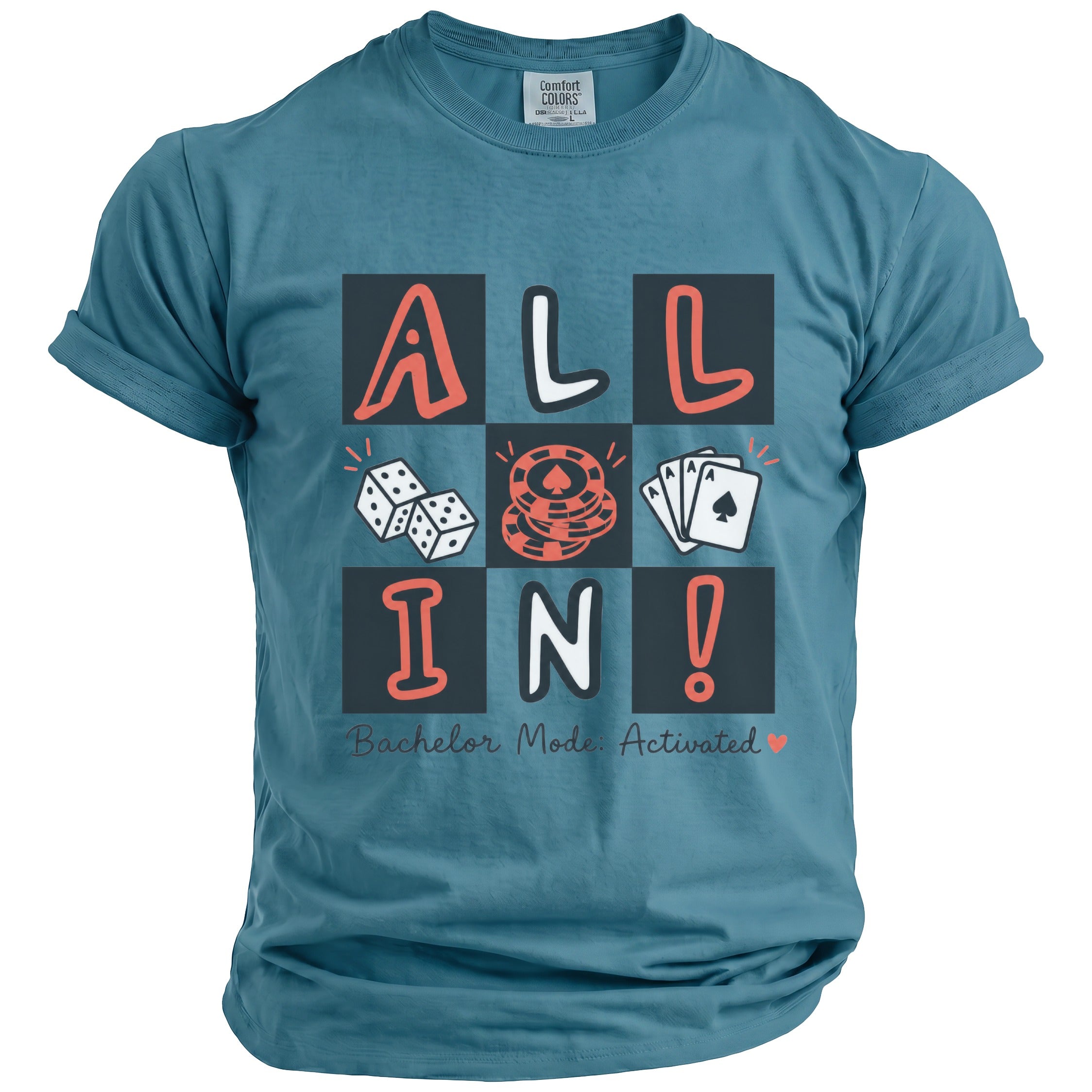 Blue t-shirt with "ALL IN!" text and dice, chips, and cards graphic.
