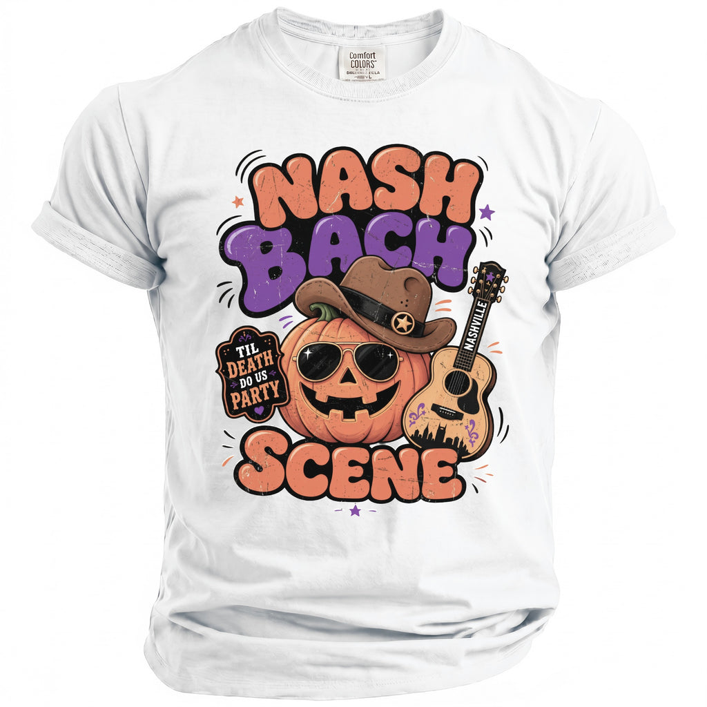 Nashville pumpkin graphic with cowboy hat, sunglasses, and guitar. Text reads "Nash Bach Scene".