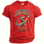 Red Comfort Colors shirt with "Last Swing Before the Ring" and golfer graphic for Bachelor Weekend 2026.