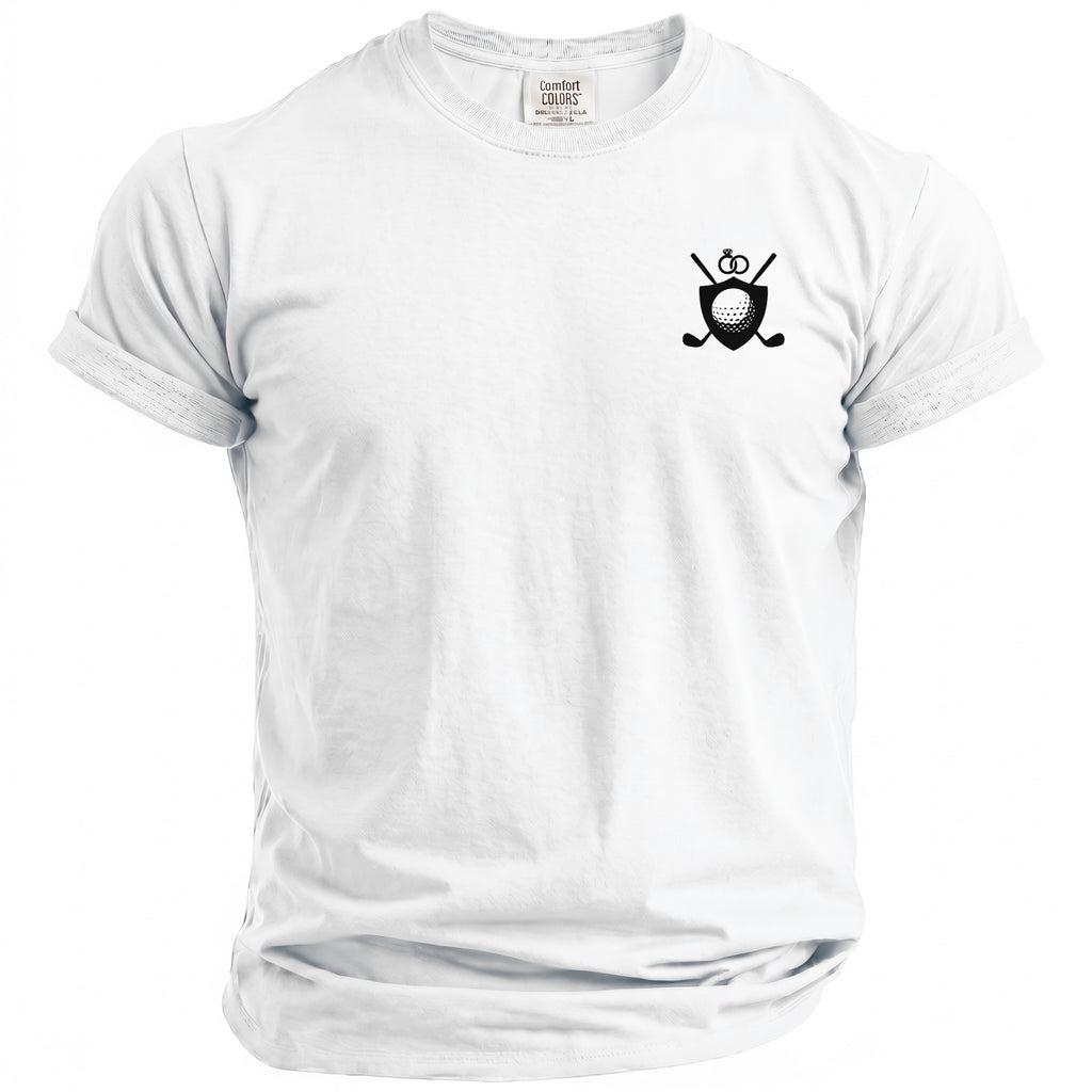 White t-shirt with a small black embroidered shield logo of golf clubs and a ring.
