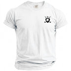 White t-shirt with a small black embroidered shield logo of golf clubs and a ring.