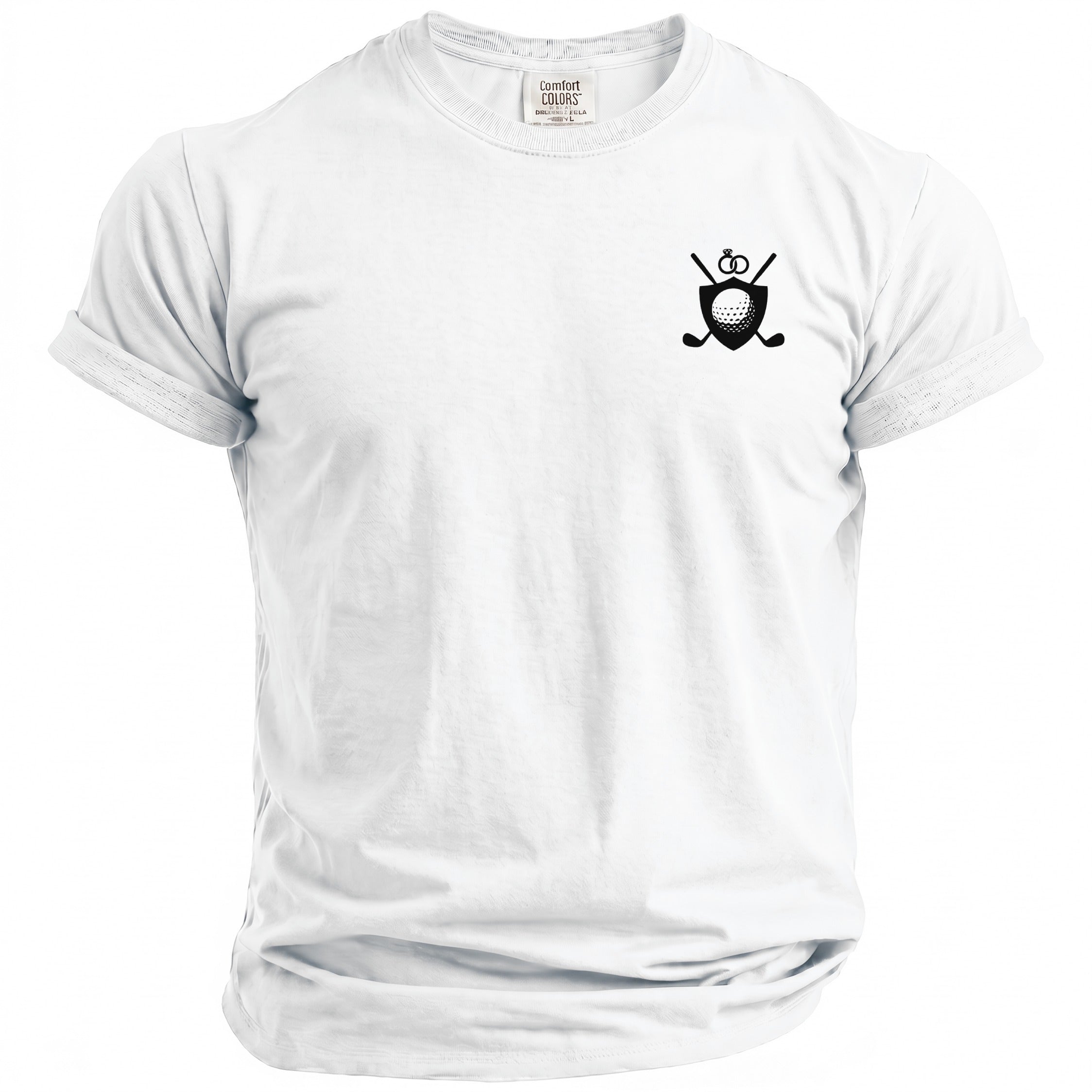 White t-shirt with a small black embroidered shield logo of golf clubs and a ring.