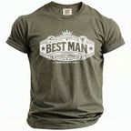 Olive green t-shirt with "BEST MAN OFFICIALLY APPOINTED BACHELOR PARTY 2026" graphic.