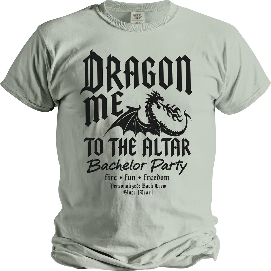 Light gray t-shirt with black text and dragon graphic for Bachelor Party.