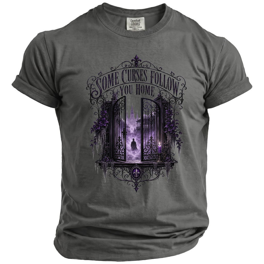 Gray t-shirt with gothic gate and text "Some Curses Follow You Home".