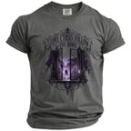 Gray t-shirt with gothic gate and text "Some Curses Follow You Home".