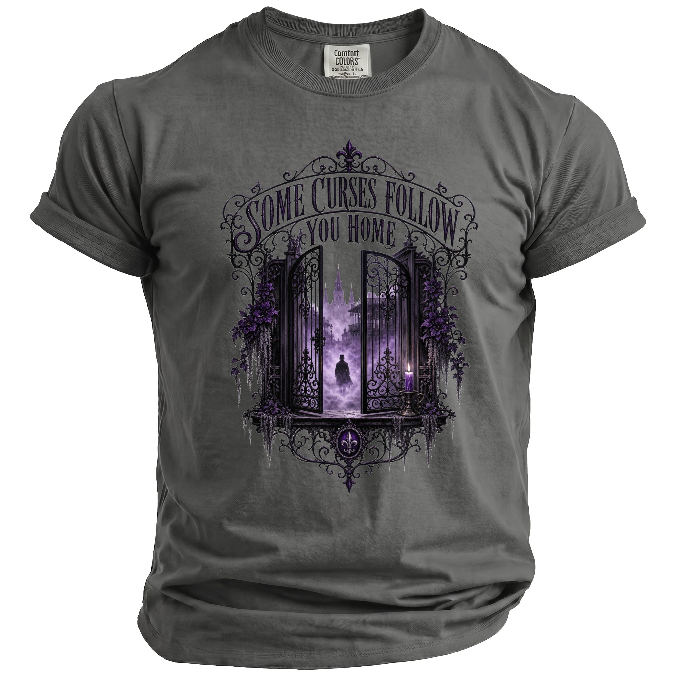 Gray t-shirt with gothic gate and text "Some Curses Follow You Home".