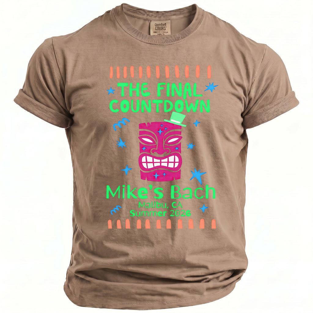 Brown t-shirt with tiki mask, "THE FINAL COUNTDOWN", and "Mike's Bach Malibu, CA Summer 2026".