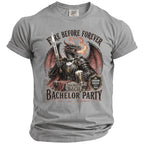 Grey t-shirt featuring a knight dragon holding a sword and beer, with text "Fire Before Forever Bachelor Party".