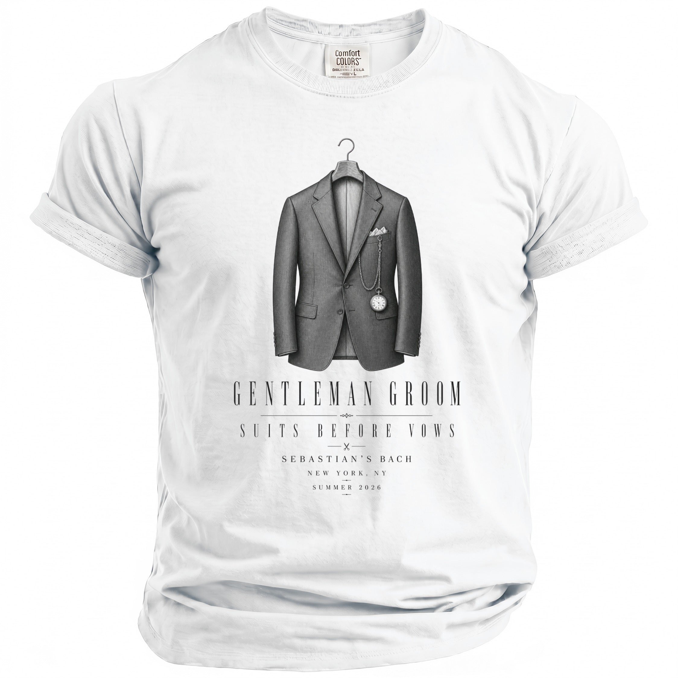 White t-shirt with a grey suit graphic, "Gentleman Groom Suits Before Vows," and "Sebastian's Bach New York, NY Summer 2026".