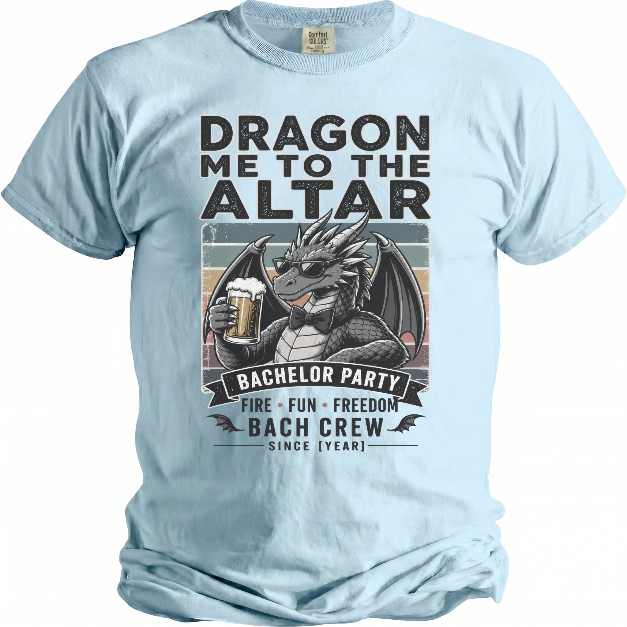 Light blue t-shirt with a dragon wearing sunglasses and holding a beer, text reads Dragon Me to the Altar.