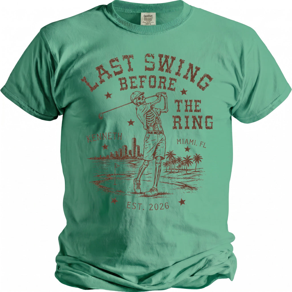 T-shirt graphic: Skeleton golfer, Miami skyline, "Last Swing Before The Ring" and "Est. 2026".