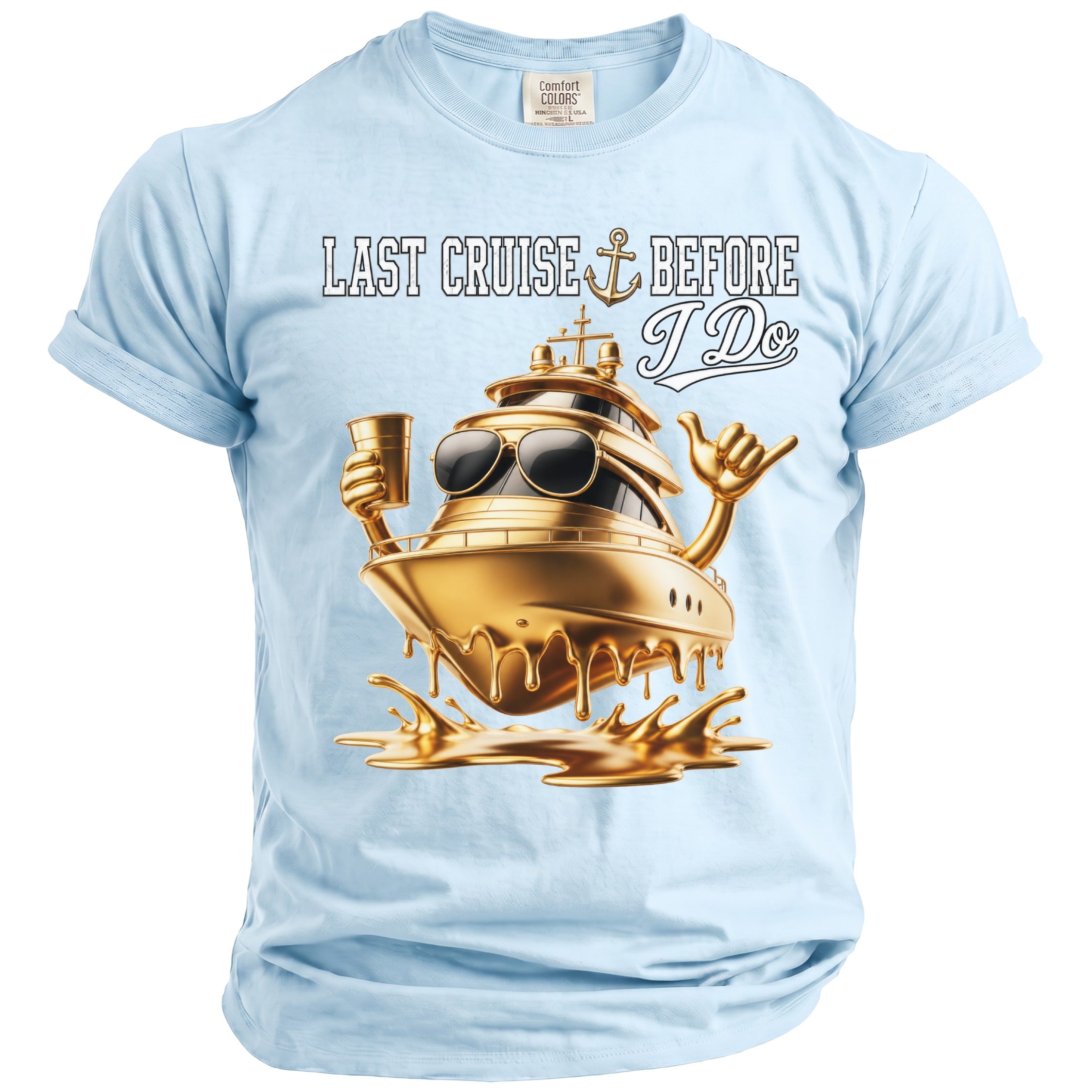 Light blue t-shirt with "LAST CRUISE BEFORE I Do" text and a golden yacht graphic.