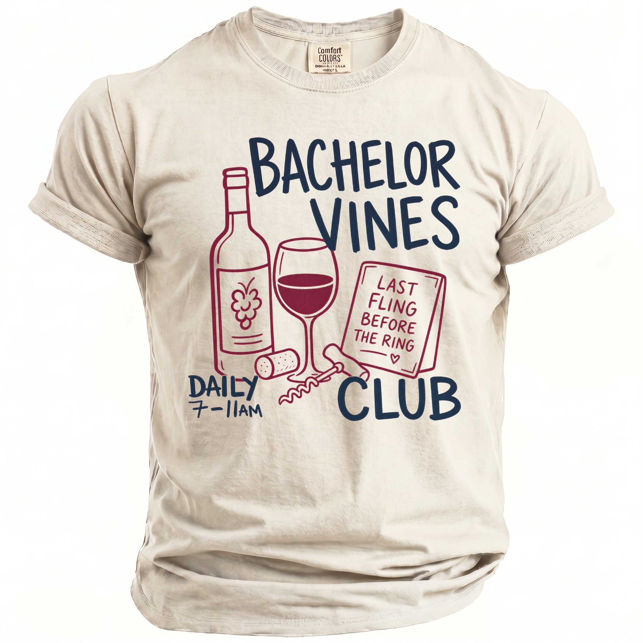 T-shirt with "Bachelor Vines Club" graphic, wine bottle, glass, and corkscrew.