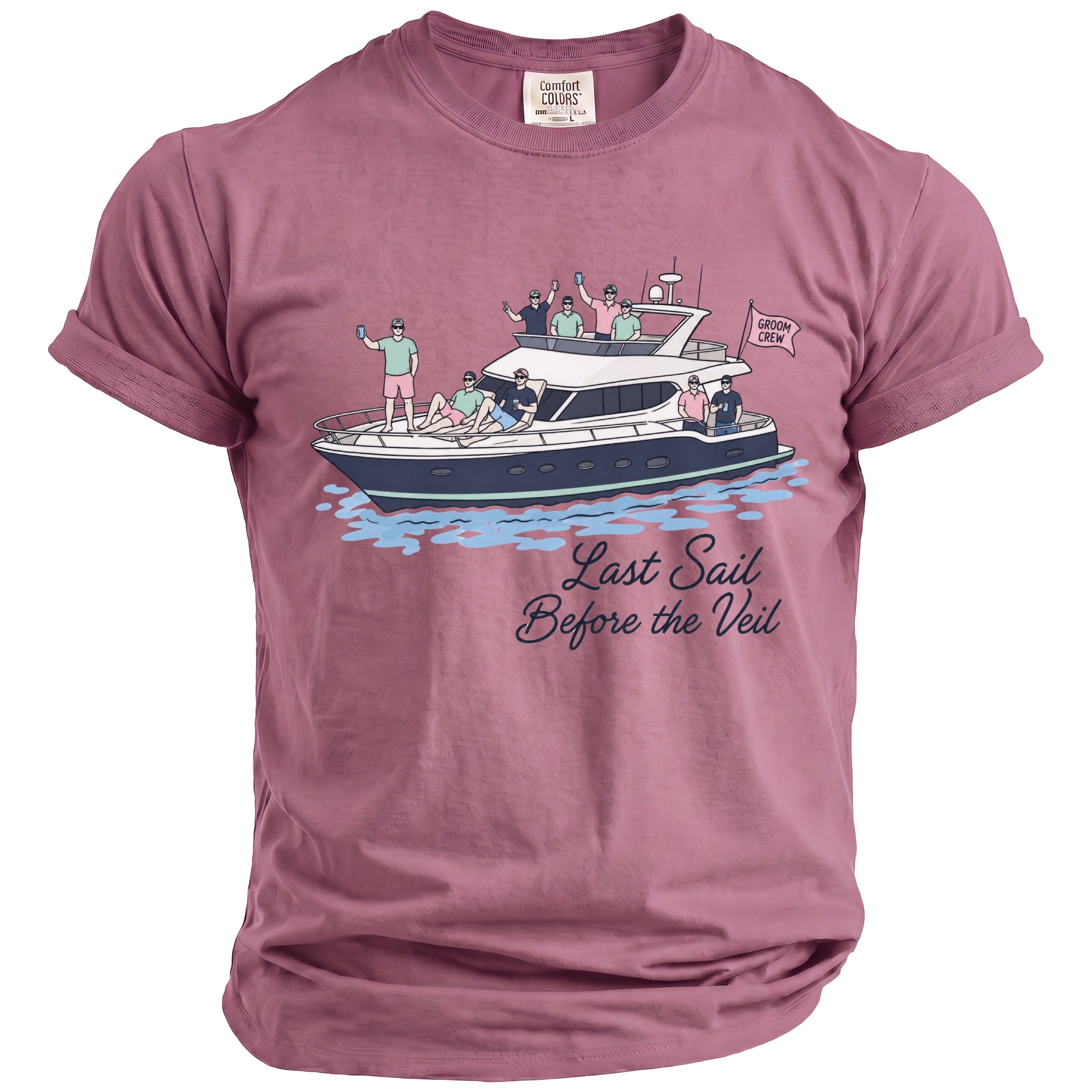 T-shirt with illustration of men on a yacht, text "Last Sail Before the Veil".