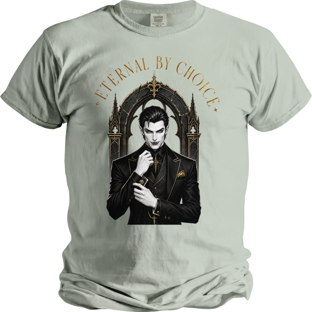 Vampire in black suit with gold accents, archway background, text "ETERNAL BY CHOICE".
